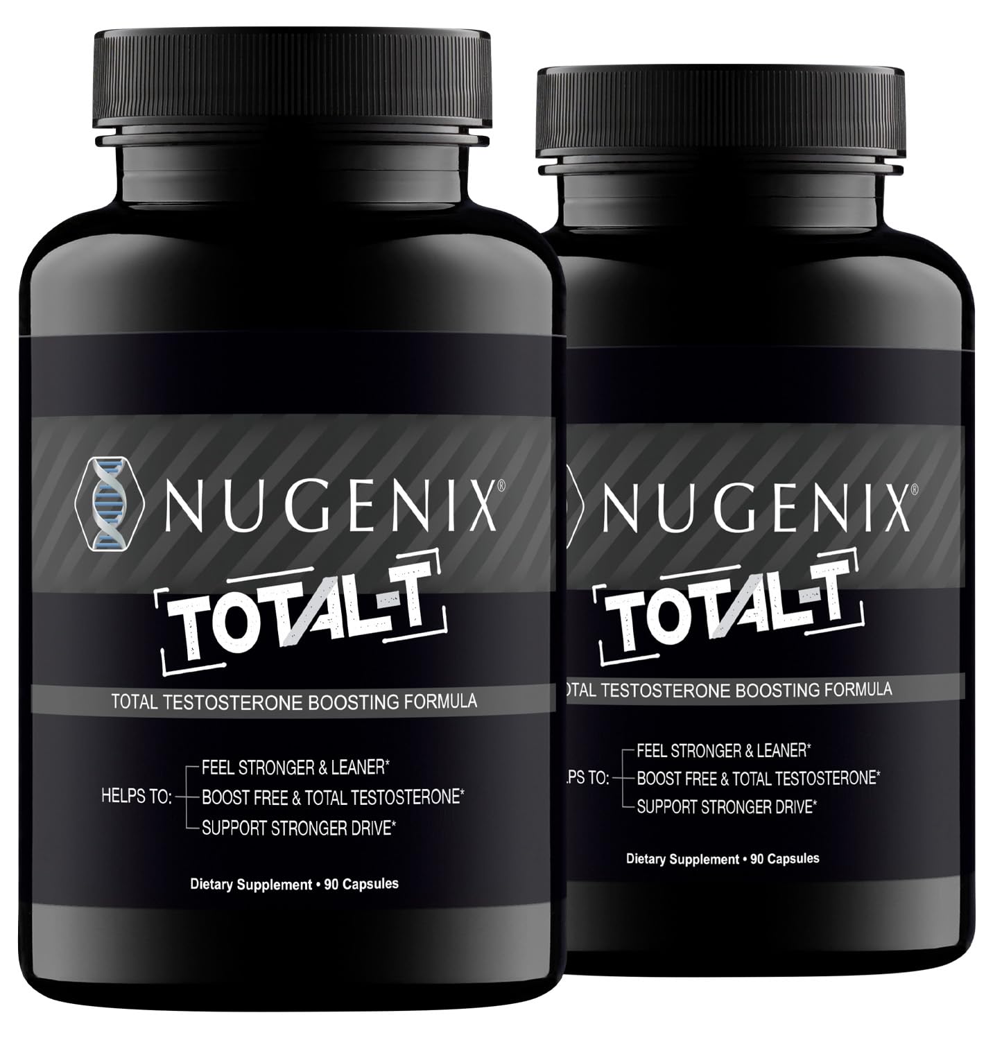 Nugenix Total-T frente del empaque mostrando botella y beneficio de apoyo hormonal