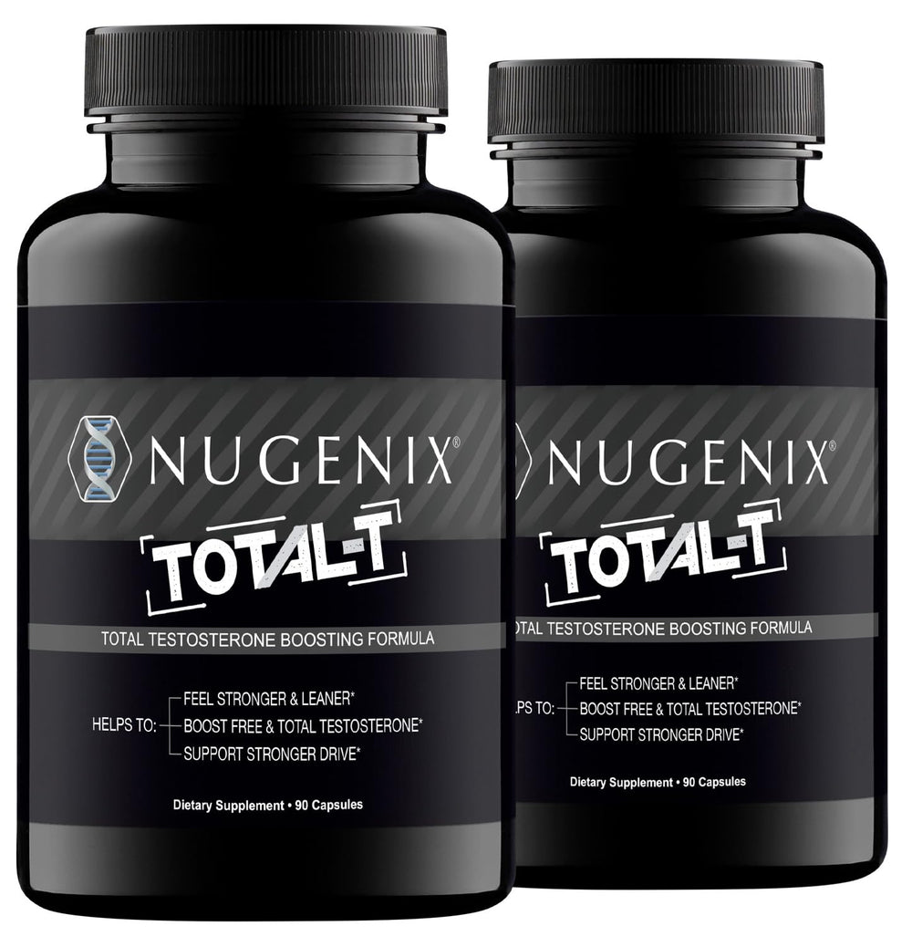 Nugenix Total-T frente del empaque mostrando botella y beneficio de apoyo hormonal