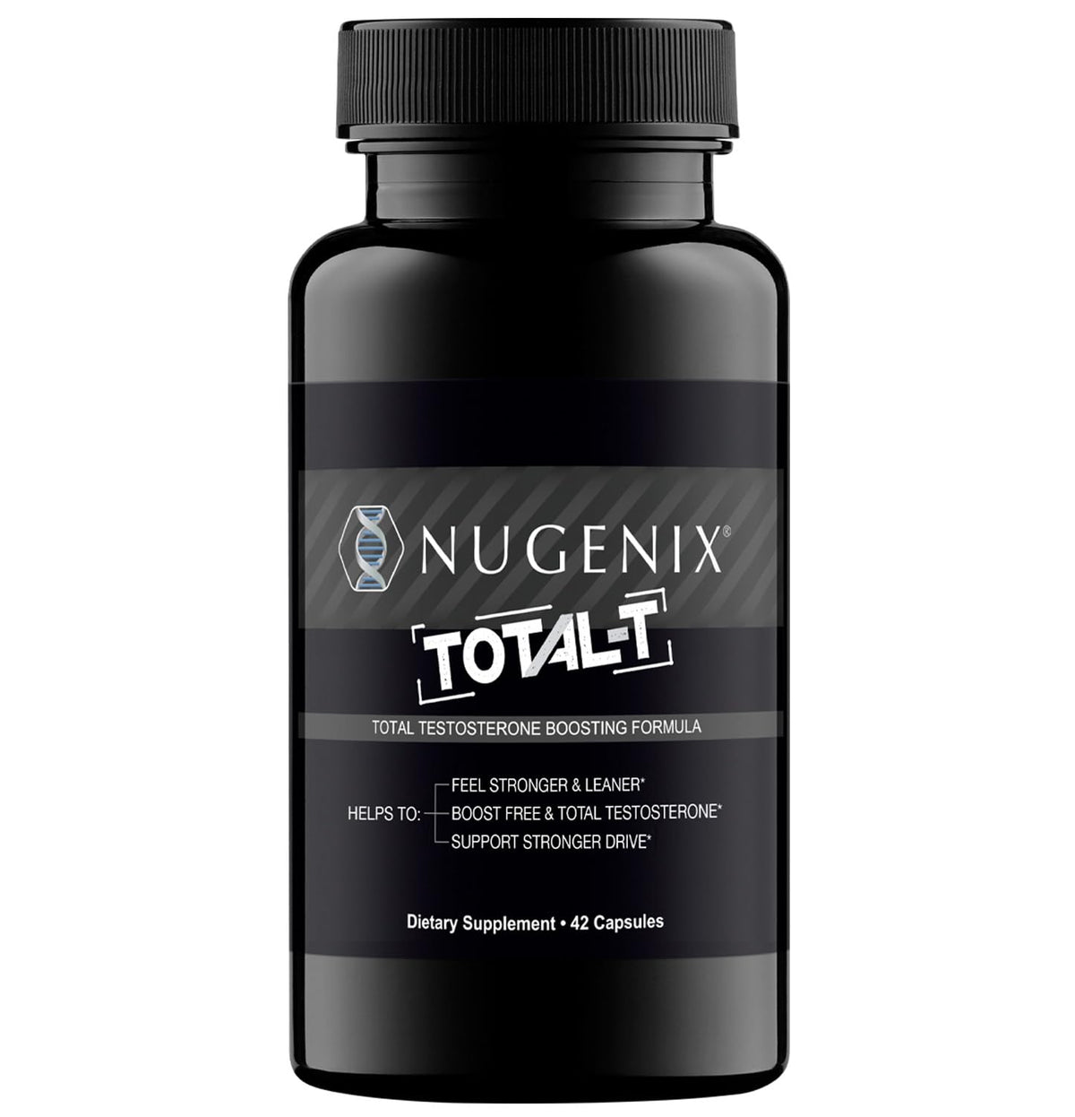 Nugenix Total-T frente del empaque mostrando diseño y beneficio de soporte energético
