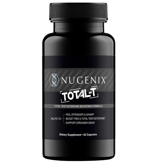 Nugenix Total-T frente del empaque mostrando diseño y beneficio de soporte energético
