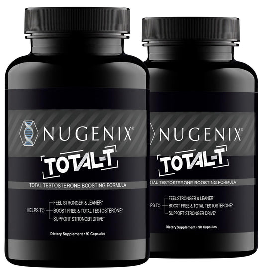 Nugenix Total-T frente del empaque mostrando botella y beneficio de apoyo hormonal