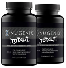 Nugenix Total-T frente del empaque mostrando botella y beneficio de apoyo hormonal