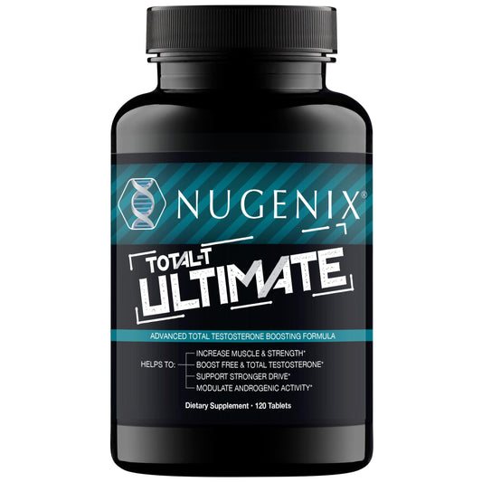 Nugenix Total-T Ultimate frente del envase muestra diseño y cantidad