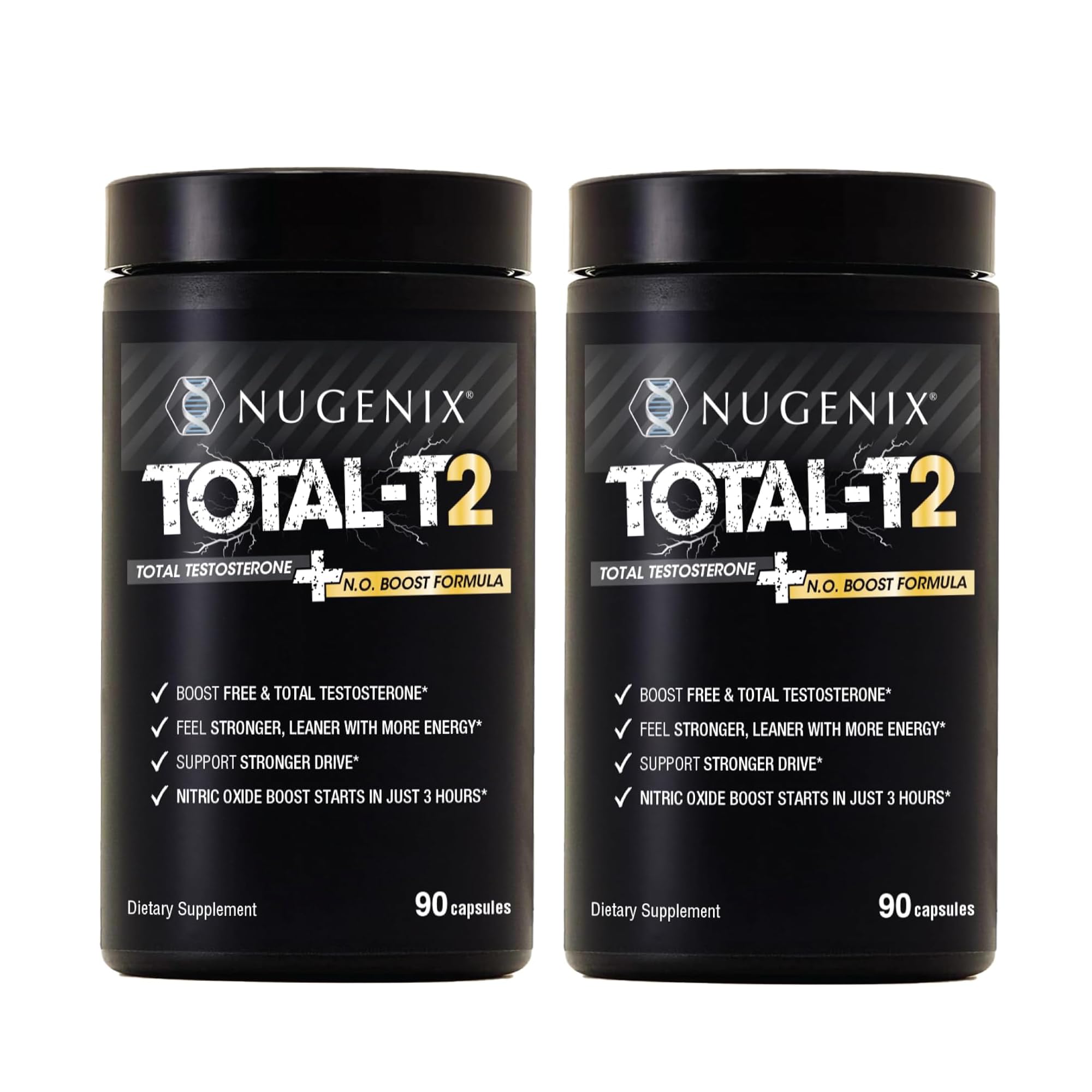 Nugenix Total-T2 vista frontal del envase mostrando la presentación y beneficios