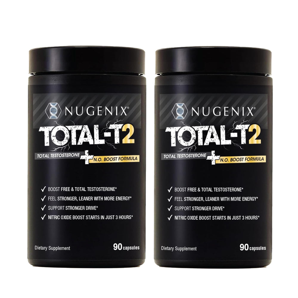 Nugenix Total-T2 vista frontal del envase mostrando la presentación y beneficios