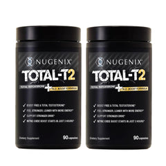Nugenix Total-T2 vista frontal del envase mostrando la presentación y beneficios