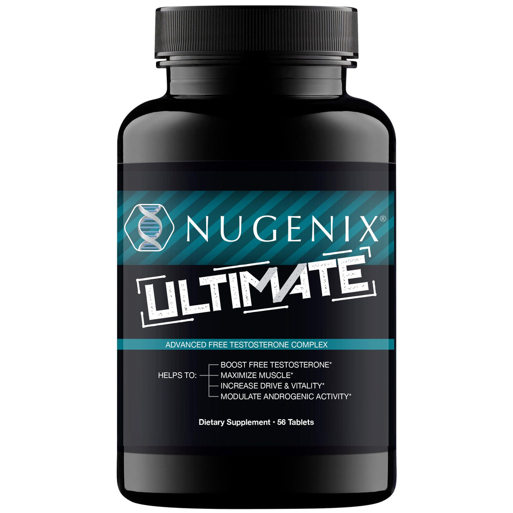 Nugenix Ultimate vista frontal del envase mostrando la etiqueta y beneficios