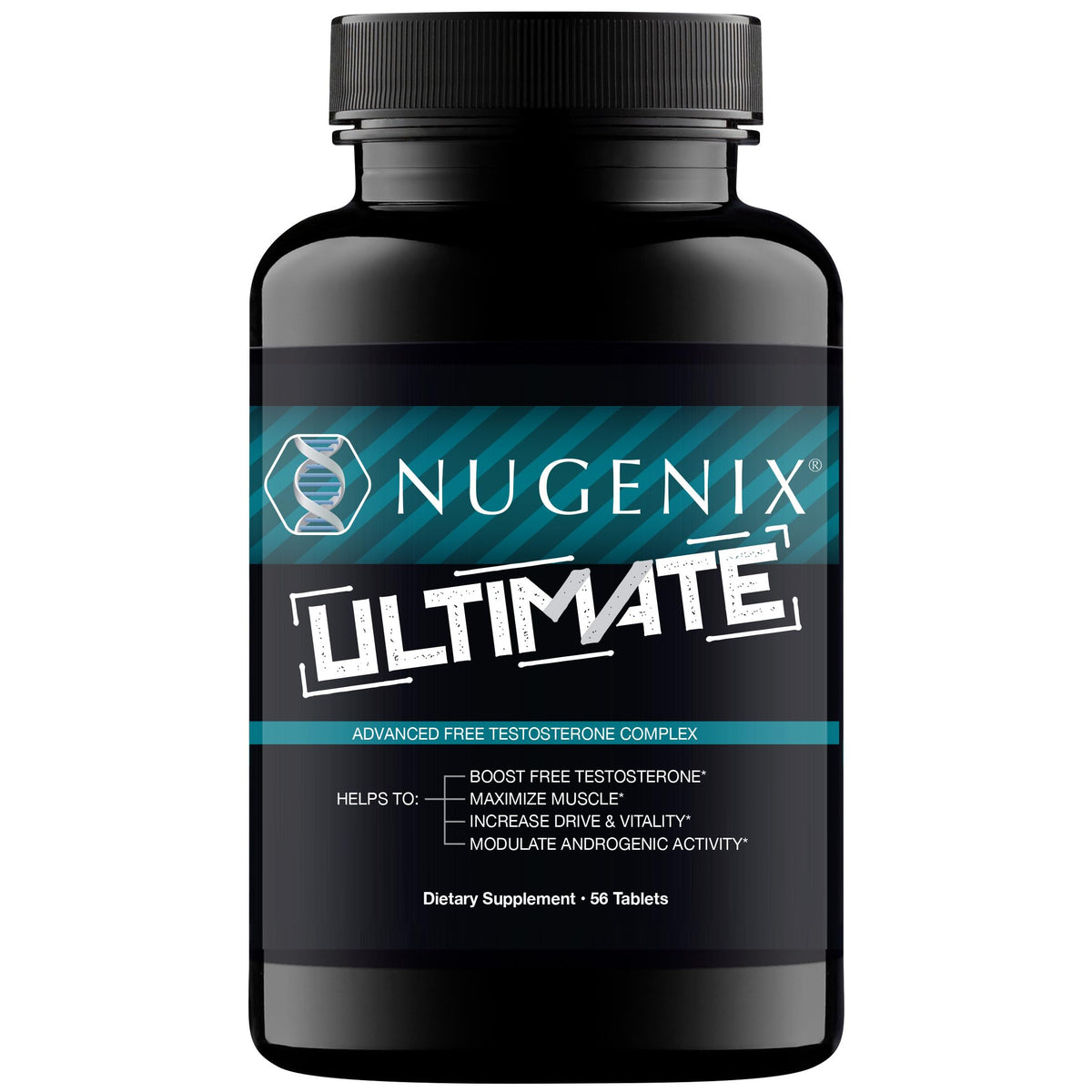 Nugenix Ultimate vista frontal del envase mostrando la etiqueta y beneficios