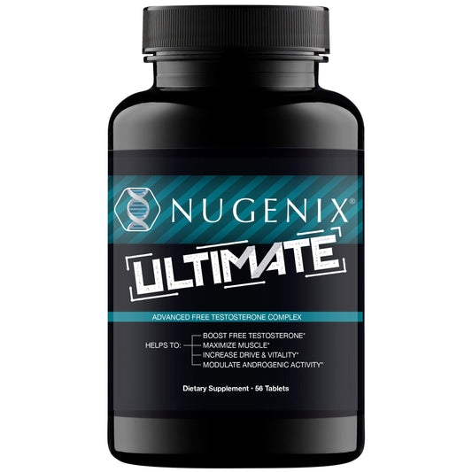 Nugenix Ultimate vista frontal del envase mostrando la etiqueta y beneficios
