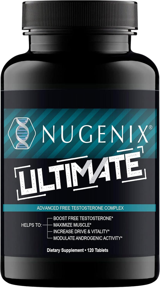 Envase Nugenix Ultimate 120 tabletas mostrando diseño y cantidad beneficios visibles
