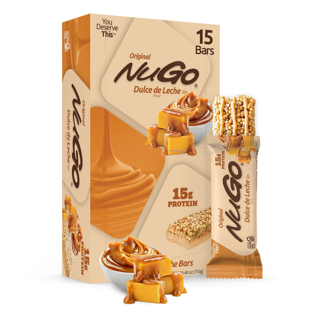 NuGo vista frontal del empaque mostrando sabor dulce de leche y beneficios