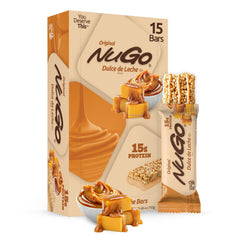 NuGo vista frontal del empaque mostrando sabor dulce de leche y beneficios
