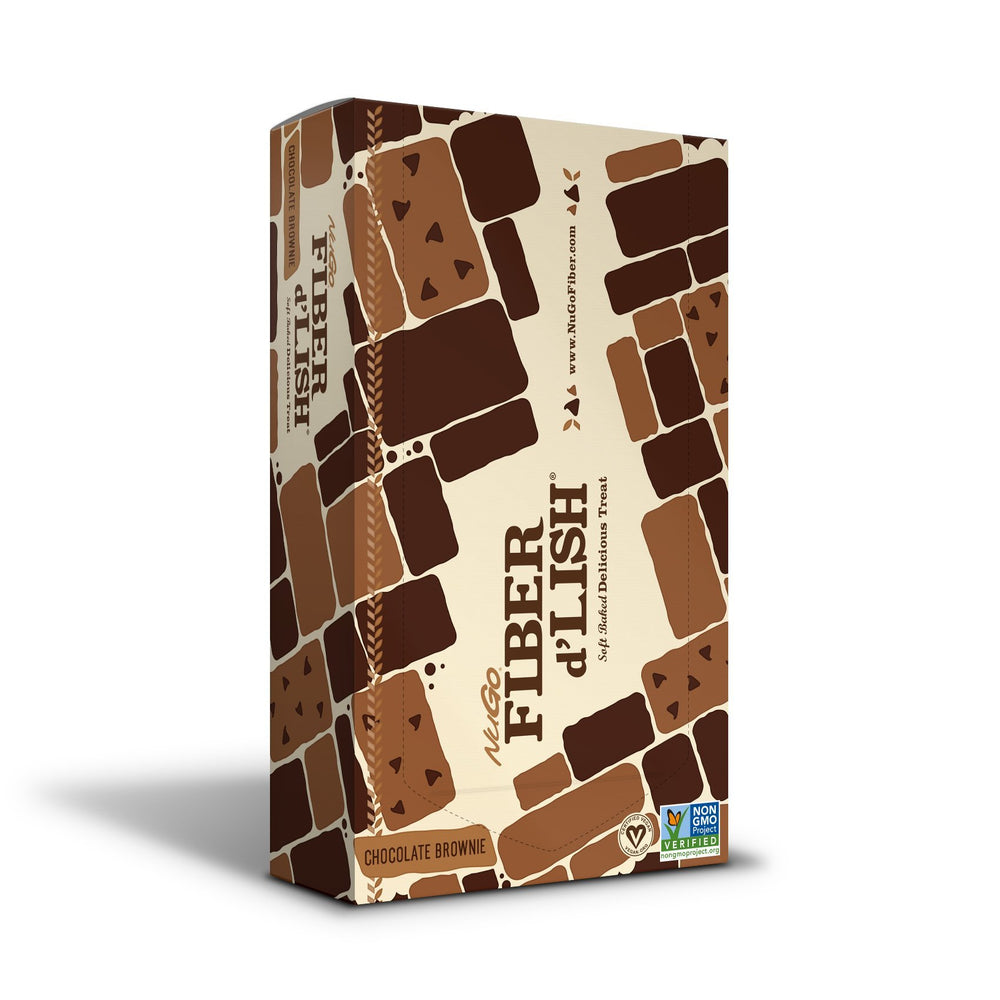 NuGo barra Brownie empaque frontal mostrando fibra y beneficios saciantes