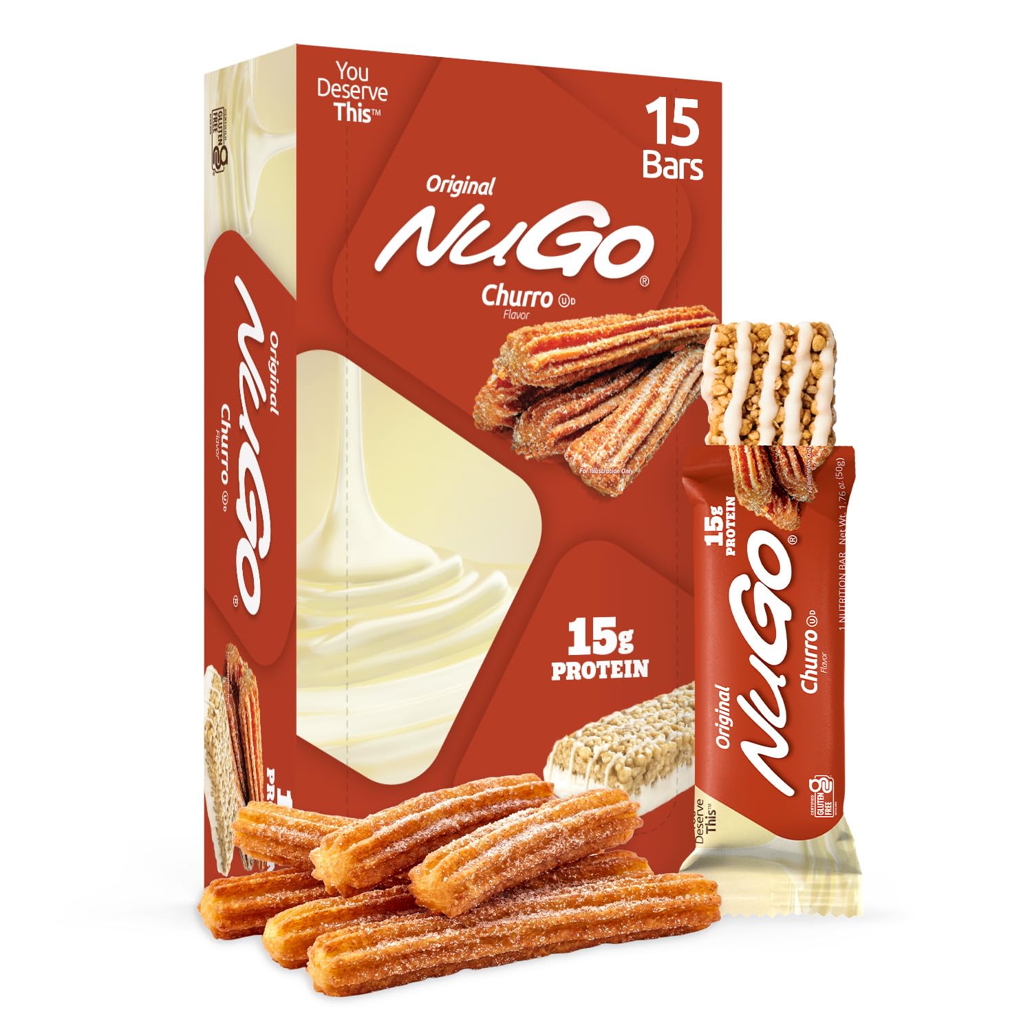 NuGo frontal del empaque mostrando sabor Churro y beneficios