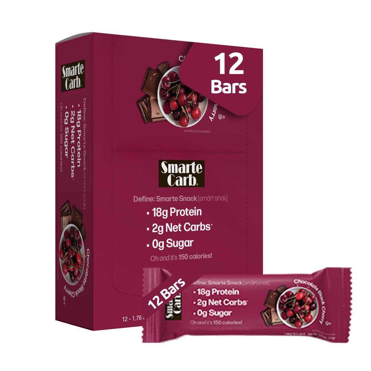 NuGo frontal del empaque mostrando sabor chocolate y cereza negra, ideal para snack bajo en carbohidratos