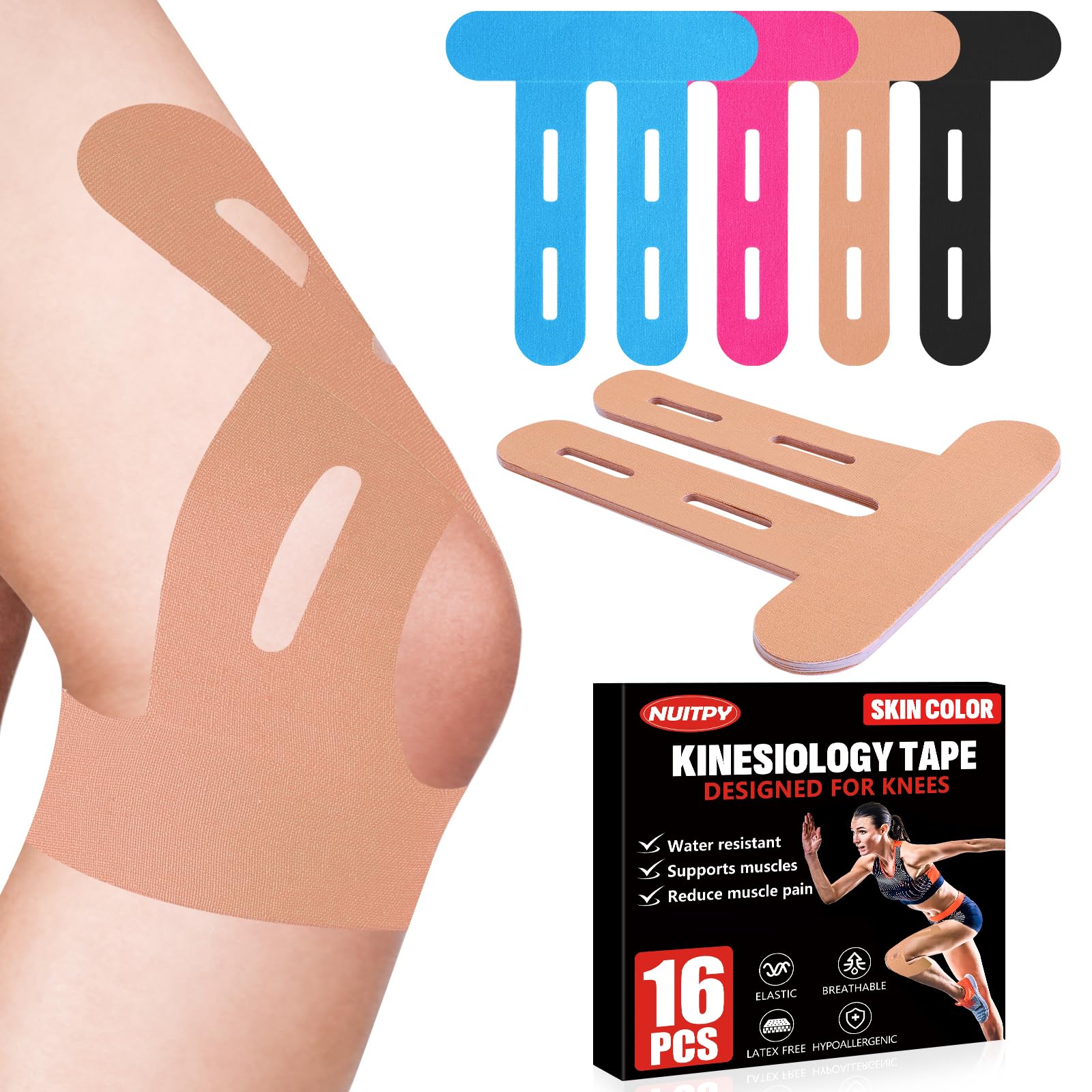 NUITPY empaque frontal con 16 cintas para rodilla mostrando cantidad y color