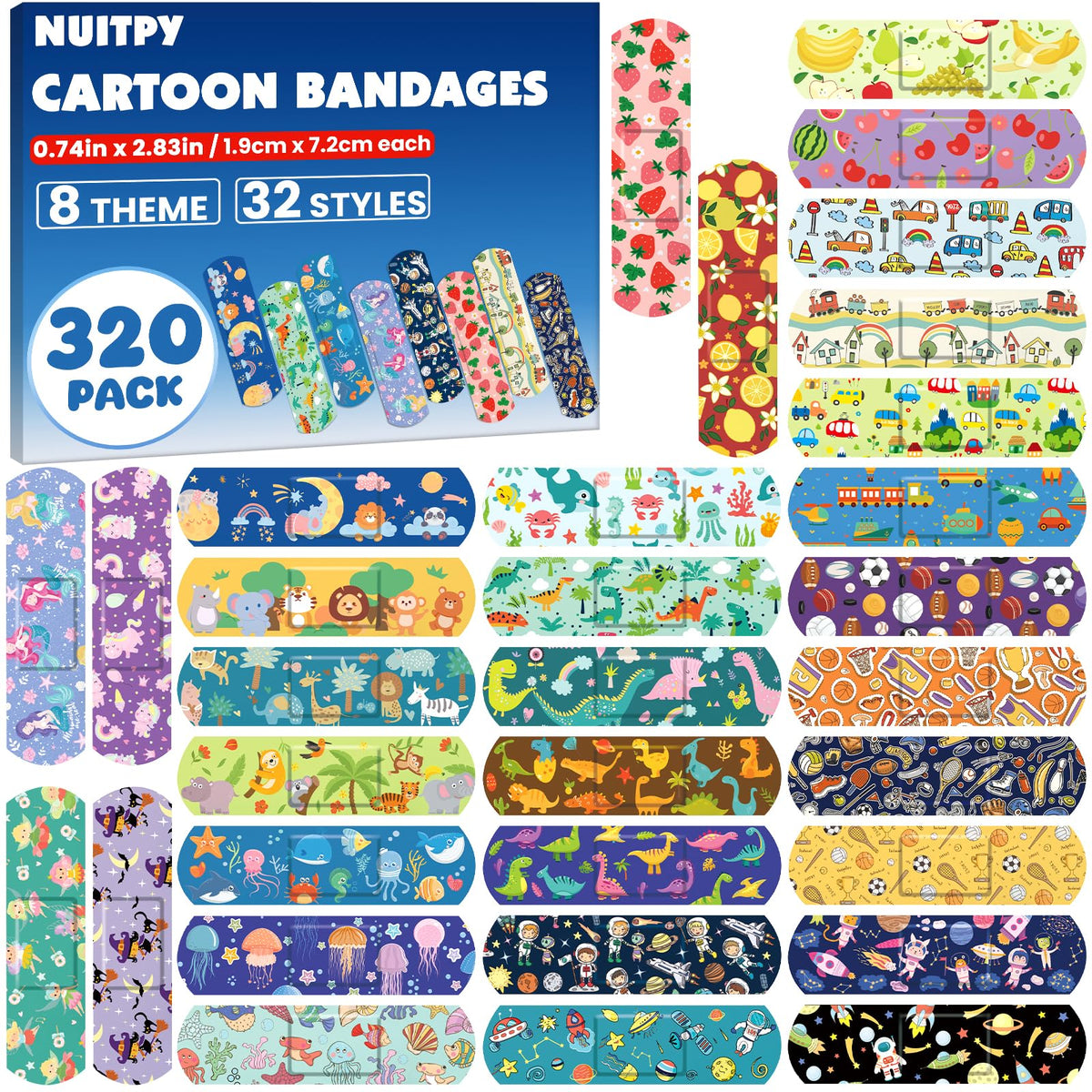 NUITPY pack frontal con 320 curitas y diseños coloridos fácil elección