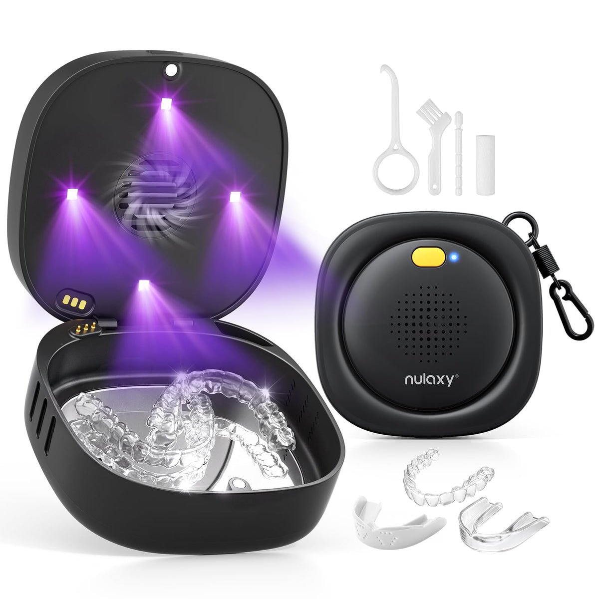 Nulaxy estuche frontal negro mostrando el cierre magnético y portabilidad