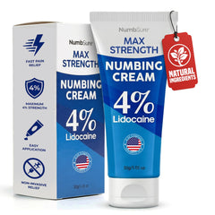 NumbSure crema anestésica frontal mostrando envase y beneficio de alivio rápido