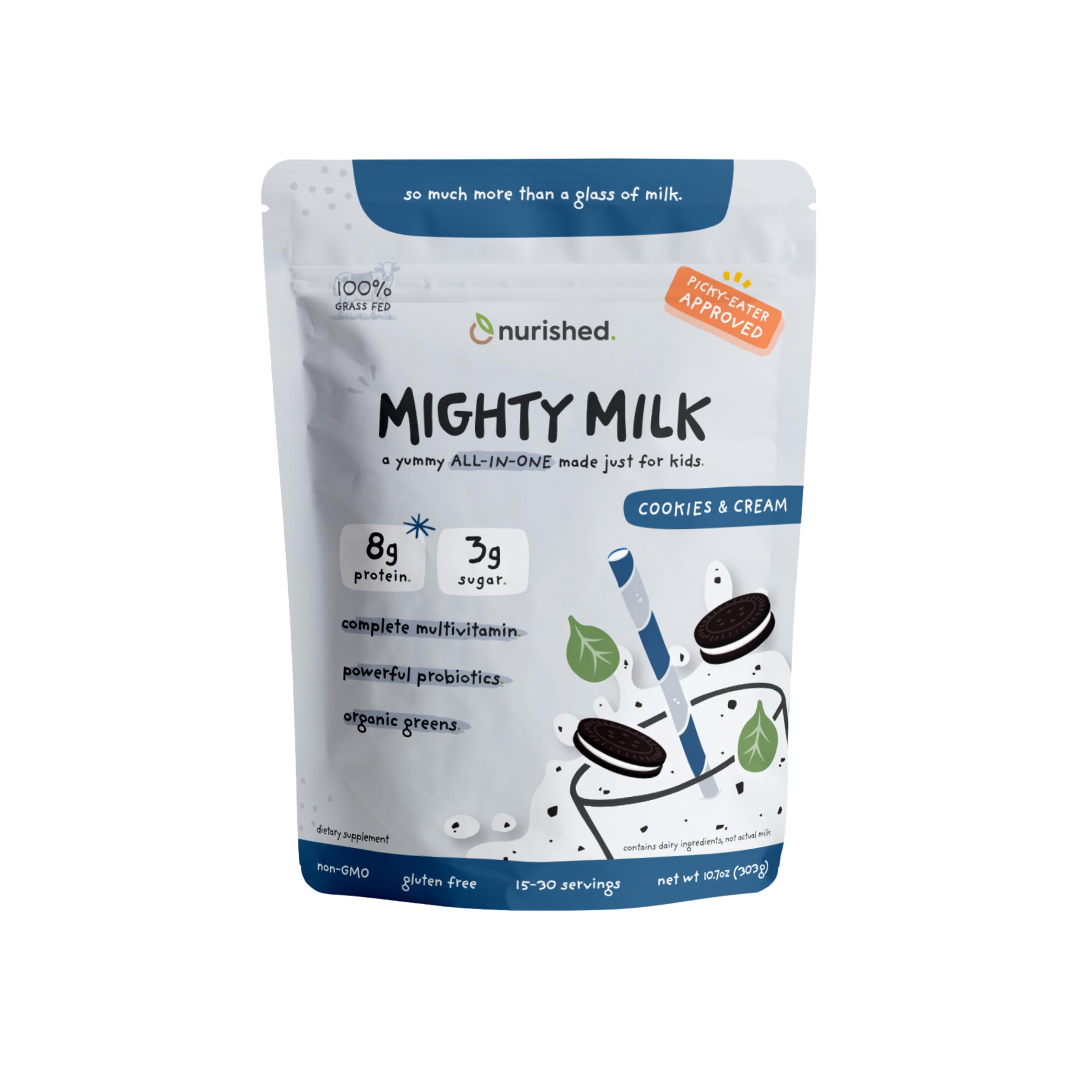 Envase Nurished mostrando la etiqueta cookies & cream y beneficios visibles