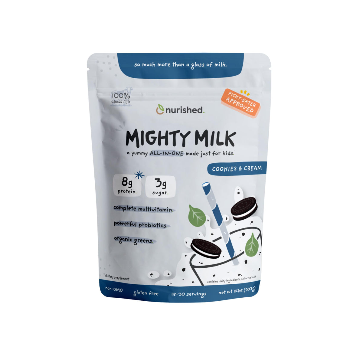 Envase Nurished mostrando la etiqueta cookies & cream y beneficios visibles