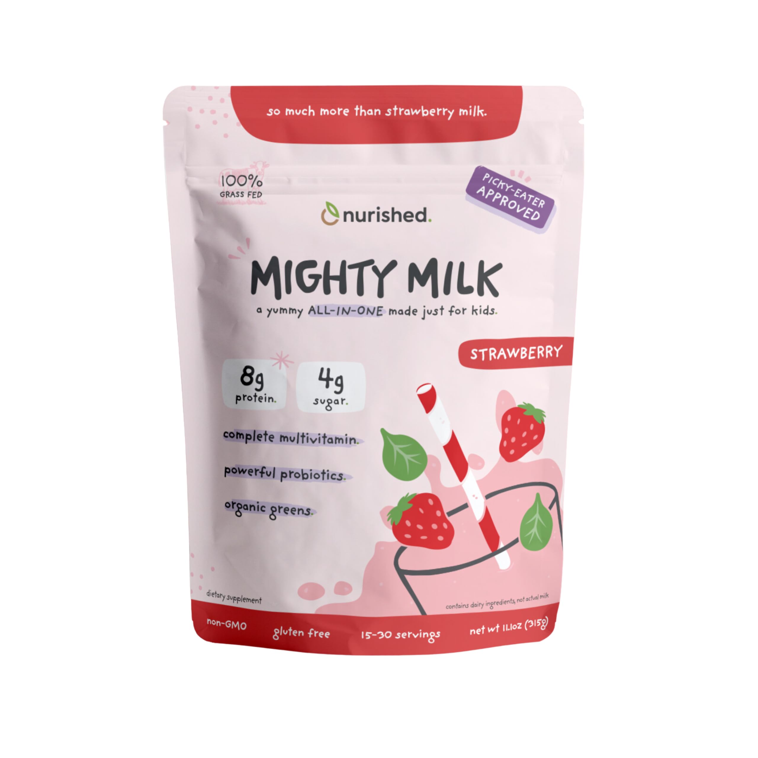 Nurished empaque frontal del polvo mostrando sabor fresa y beneficios