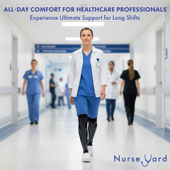 Nurse Yard calcetines junto a regla mostrando ajuste y tallas claras