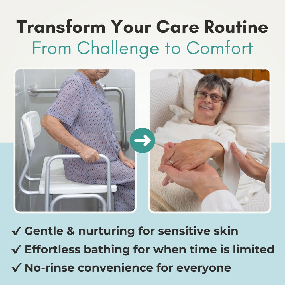 Nurture Valley cuidador usando toallita para baño sin enjuague eficiente