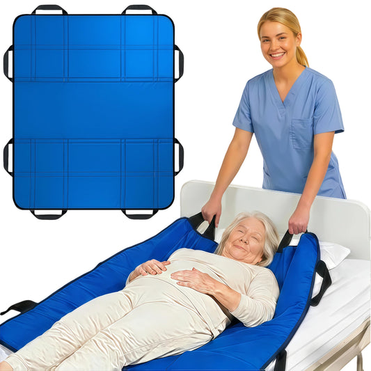 NurtureCare vista frontal del protector de cama mostrando tamaño y color azul, facilita manejo