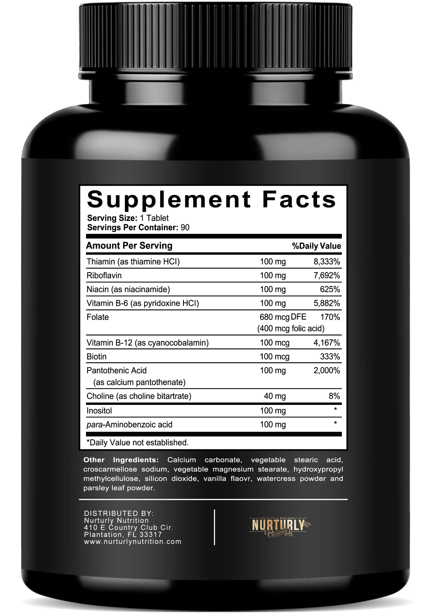 NURTURLY etiqueta nutricional con lista completa de vitaminas B