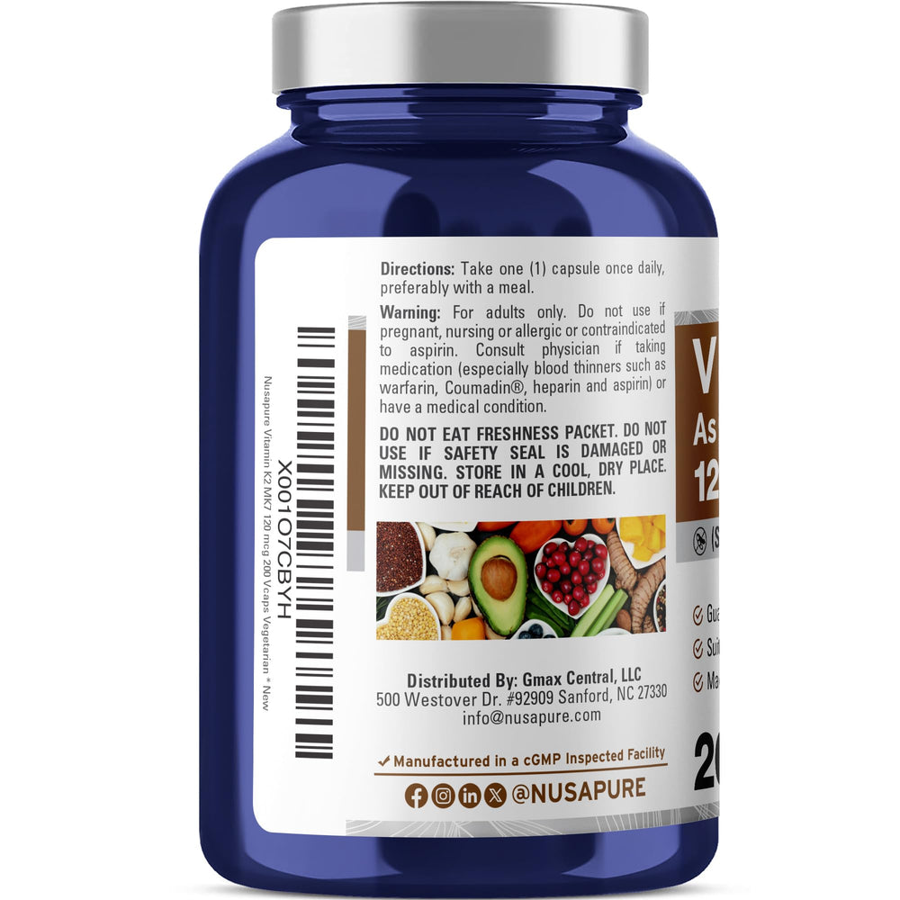 NusaPure detalle de etiqueta indicando 120 mcg MK-7 por cápsula