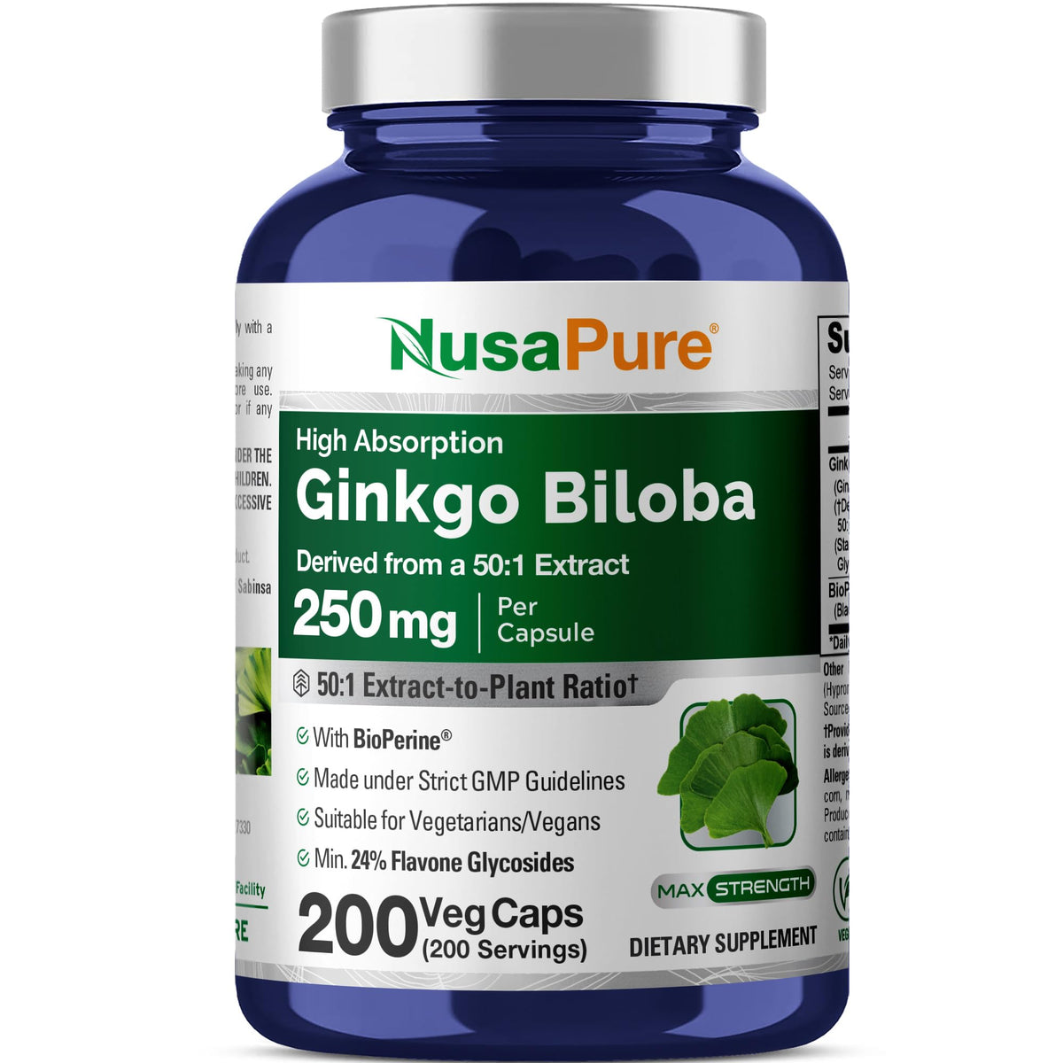 NusaPure frasco frontal de Ginkgo Biloba mostrando cantidad y diseño, práctico para almacenamiento