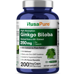 NusaPure frasco frontal de Ginkgo Biloba mostrando cantidad y diseño, práctico para almacenamiento