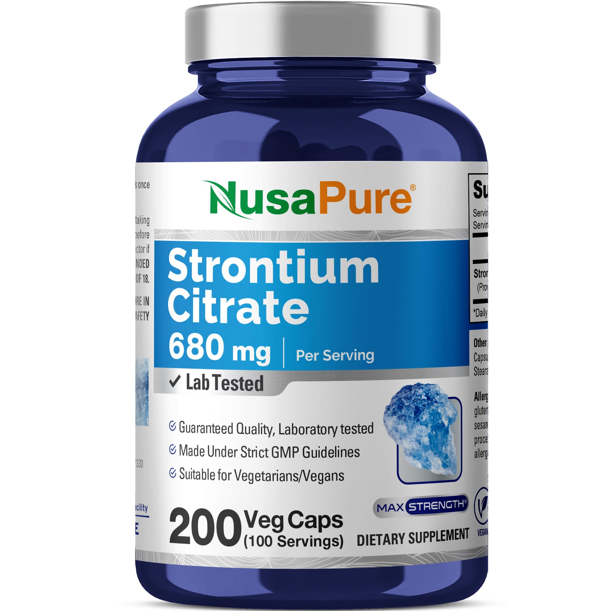 Envase NusaPure Strontium Citrate 680 mg, presentación clara y legible