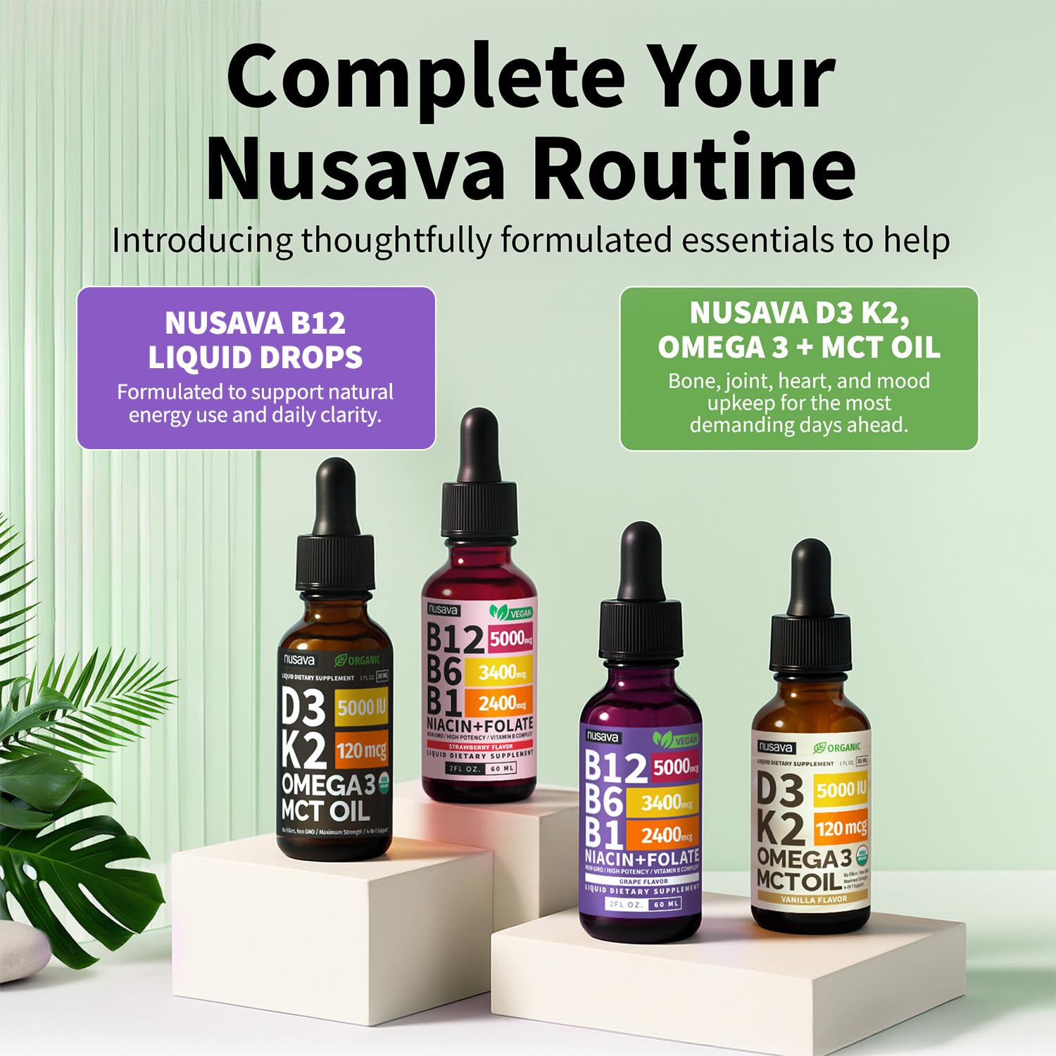 Envase NUSAVA con iconos vegano y sin gluten indicando confianza y pureza