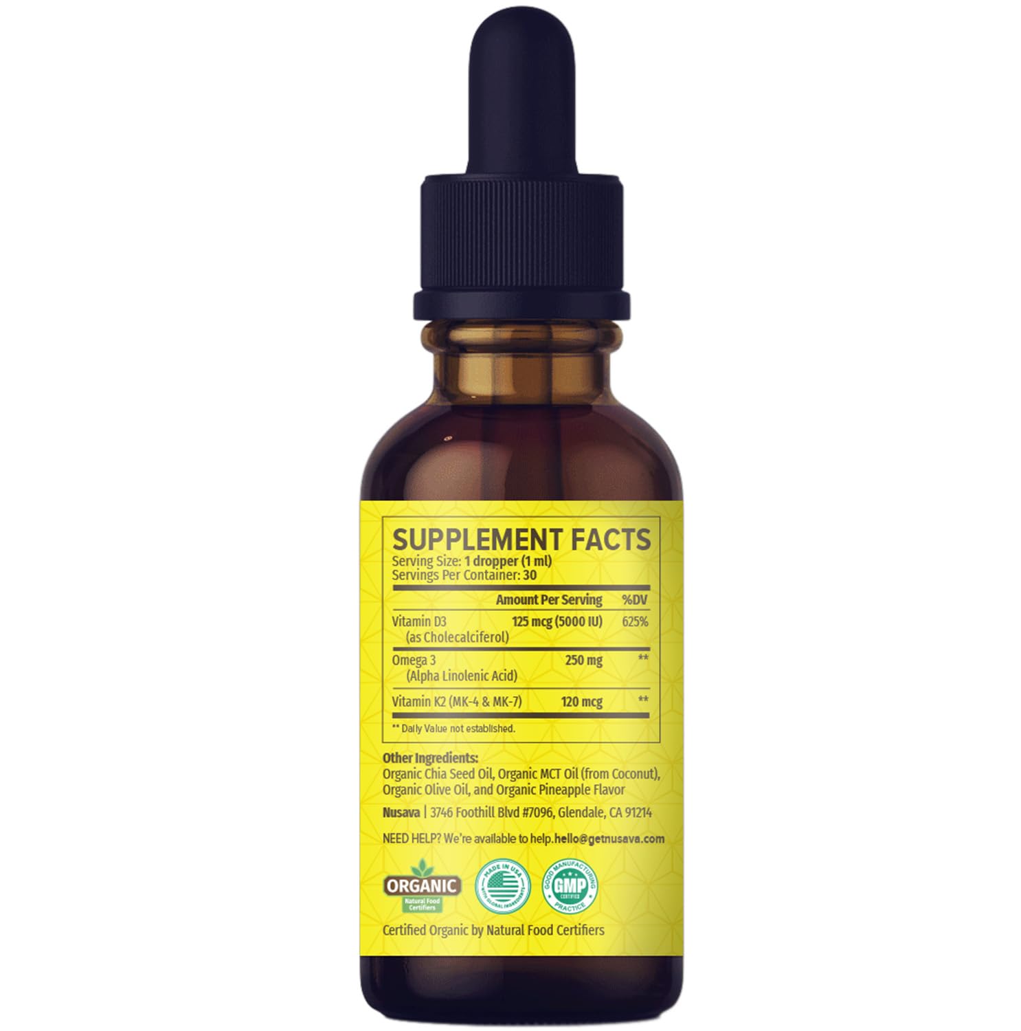 NUSAVA frasco junto a semillas de chía y aceite MCT mostrando ingredientes