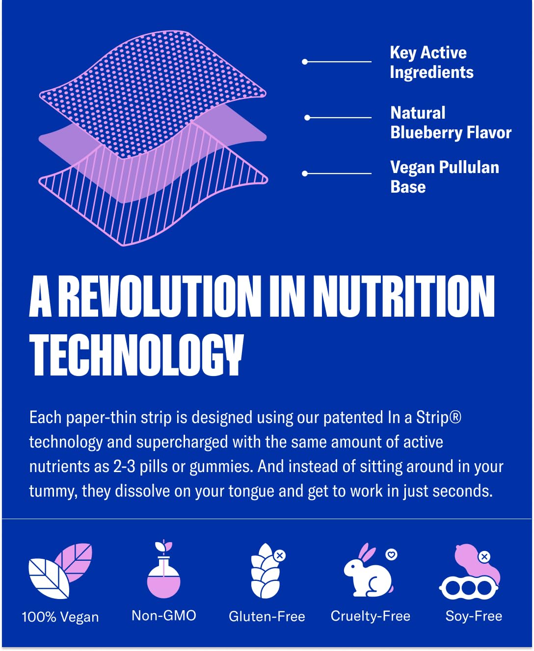 NuStrips etiqueta con ingredientes y certificaciones transparente