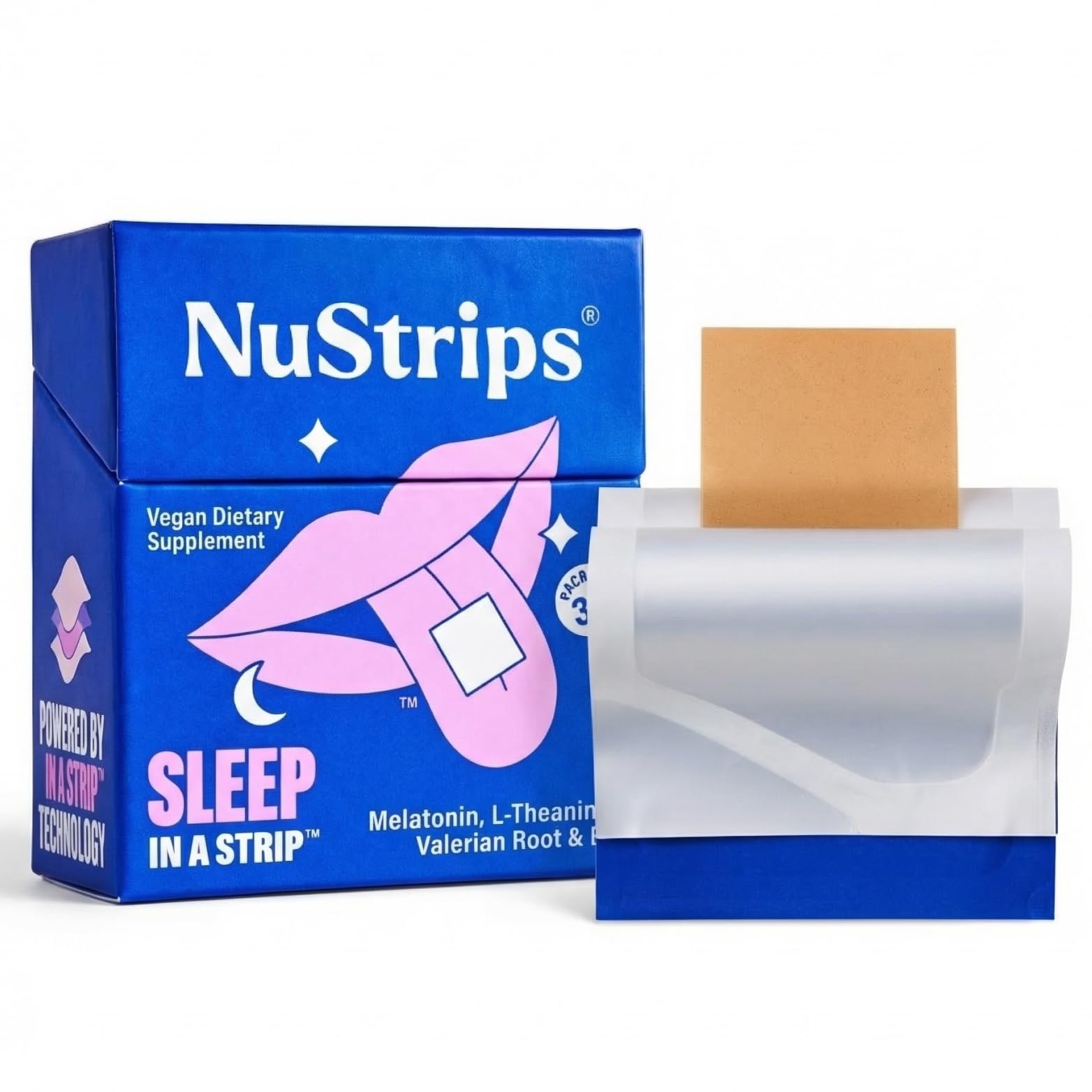 NuStrips vista frontal del empaque mostrando tamaño y sabor arándano, conveniencia portátil
