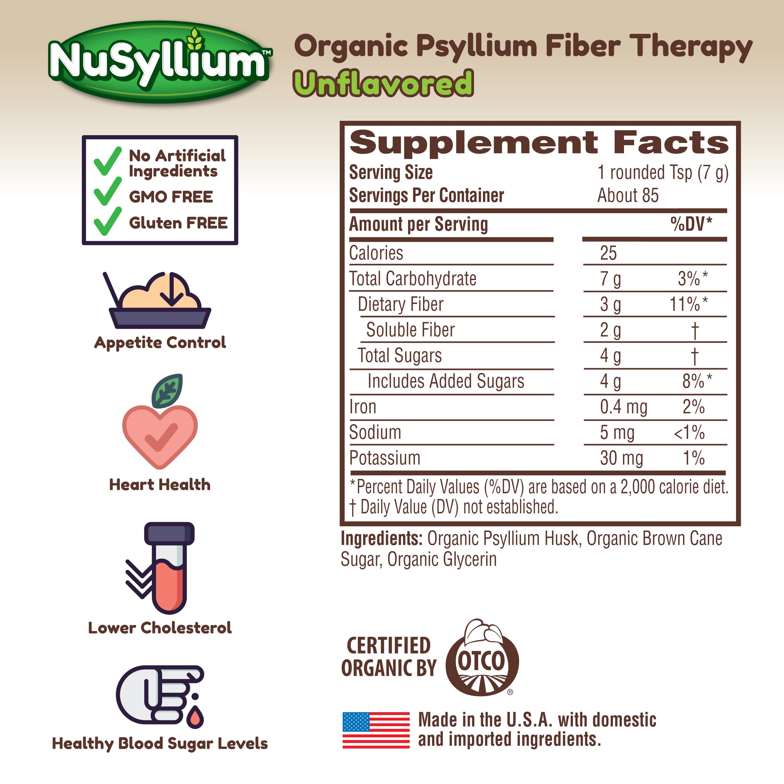 Comparación de envase NuSyllium con una mano mostrando tamaño y porciones