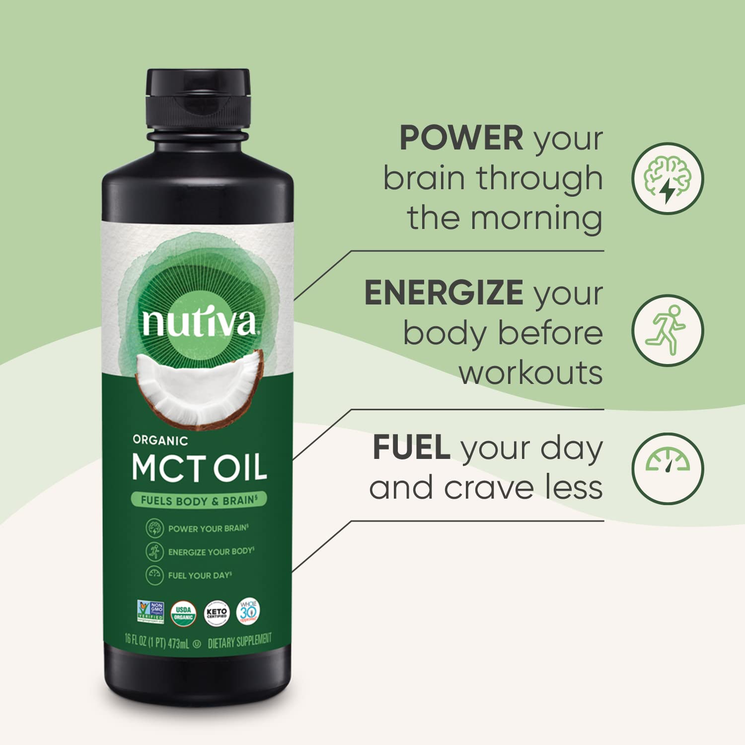 Nutiva textura del aceite MCT líquido claro demostrando mezcla fácil