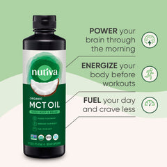Nutiva textura del aceite MCT líquido claro demostrando mezcla fácil
