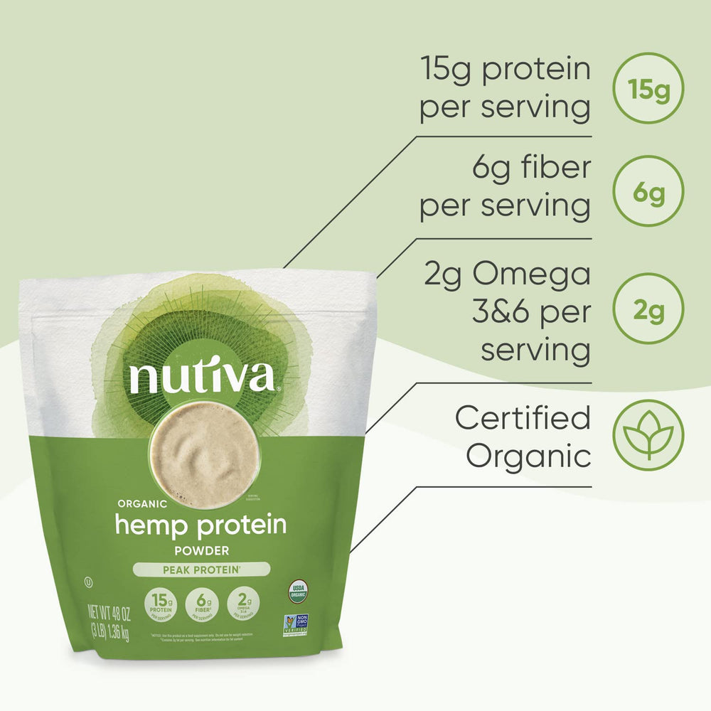 Nutiva batido preparado con polvo de cáñamo usado en smoothie nutritivo