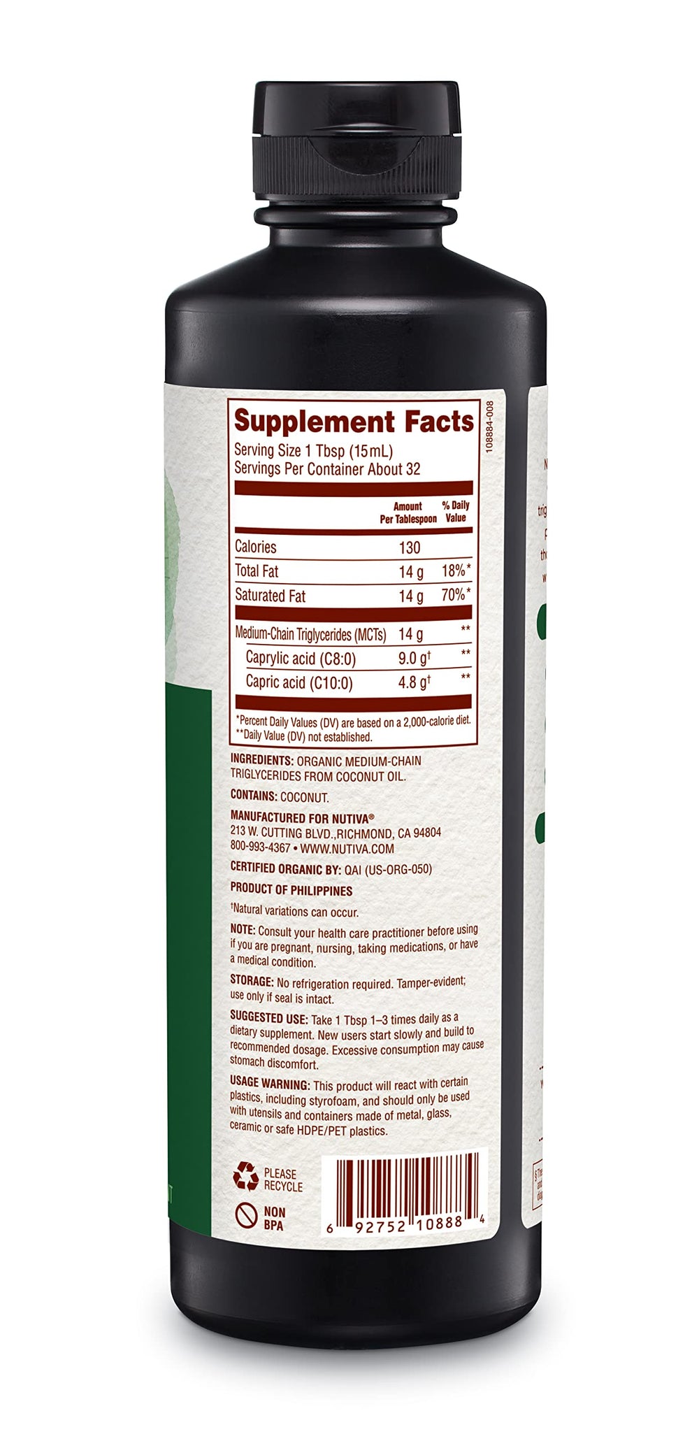 Nutiva etiqueta con sellos USDA Organic y Kosher que certifican calidad