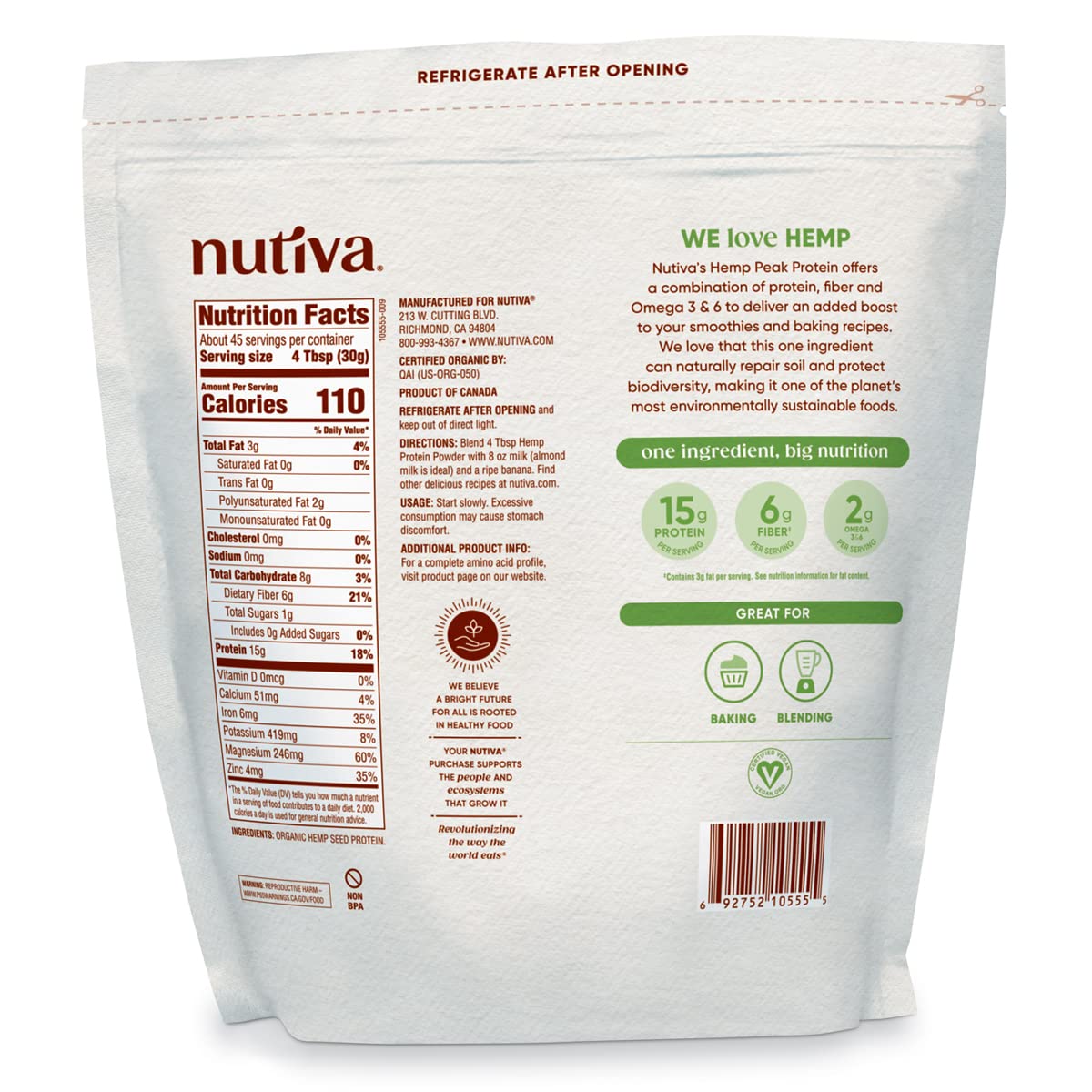 Nutiva etiqueta de ingredientes orgánicos que confirma certificaciones