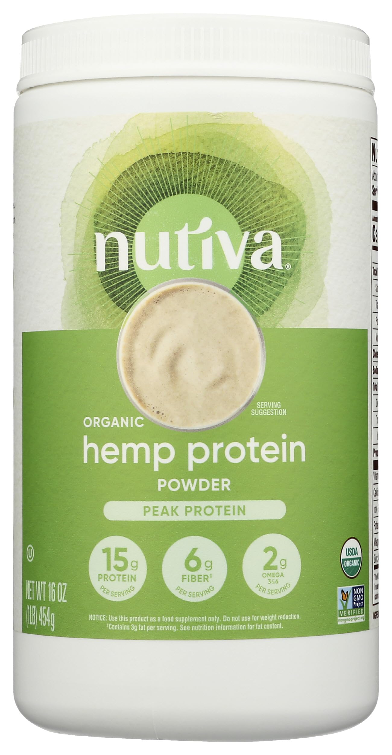 Nutiva frente del empaque mostrando marca y beneficio proteico