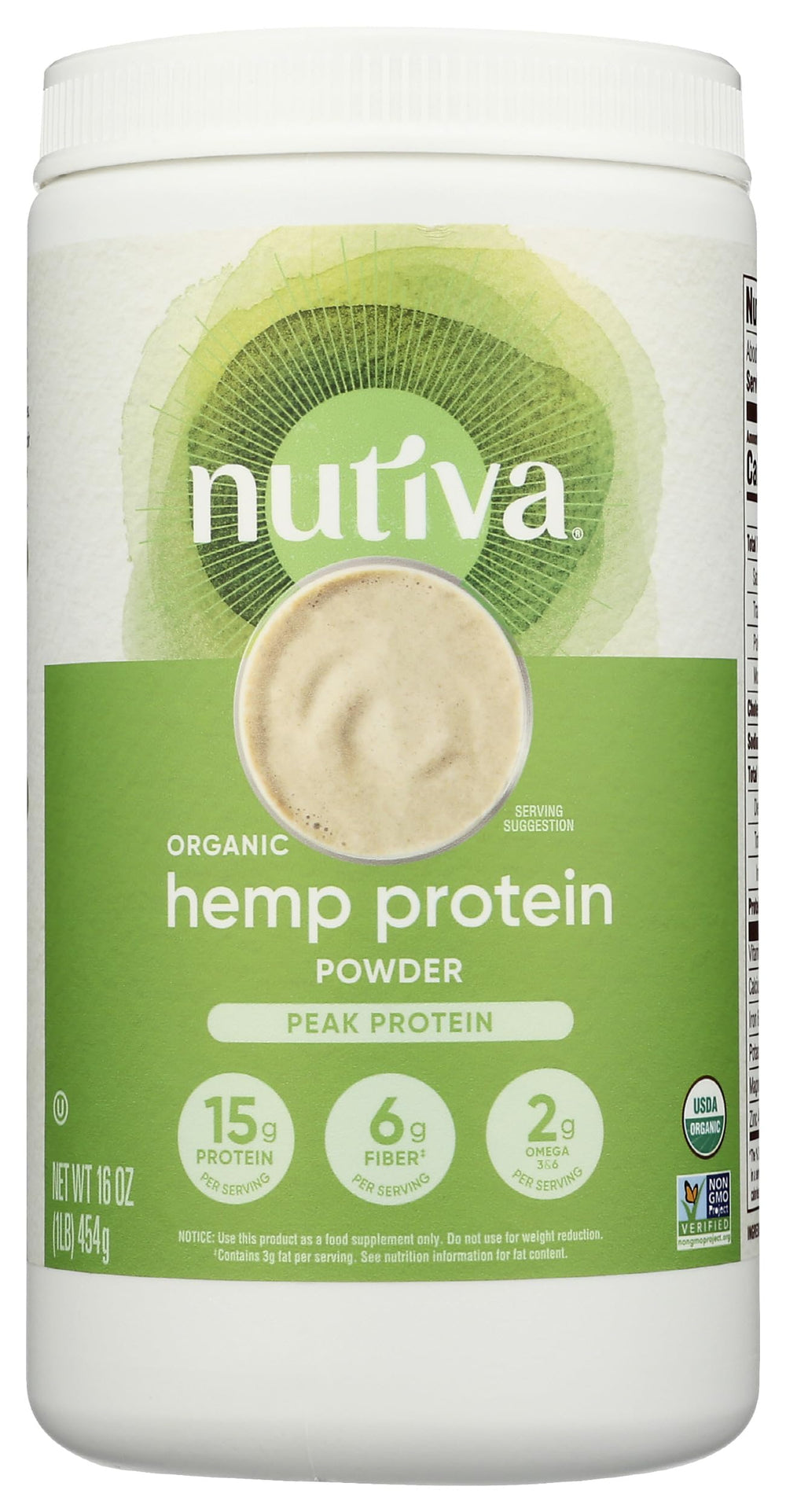 Nutiva frente del empaque mostrando marca y beneficio proteico