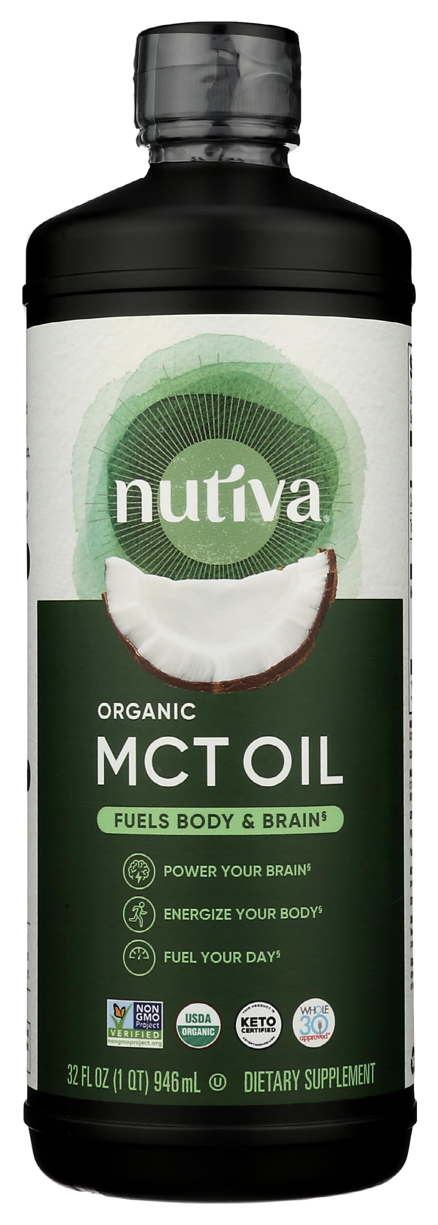 Nutiva frente del envase mostrando etiqueta orgánica y beneficio de pureza
