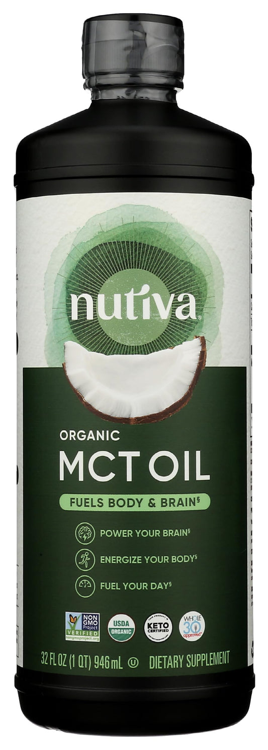 Nutiva frente del envase mostrando etiqueta orgánica y beneficio de pureza
