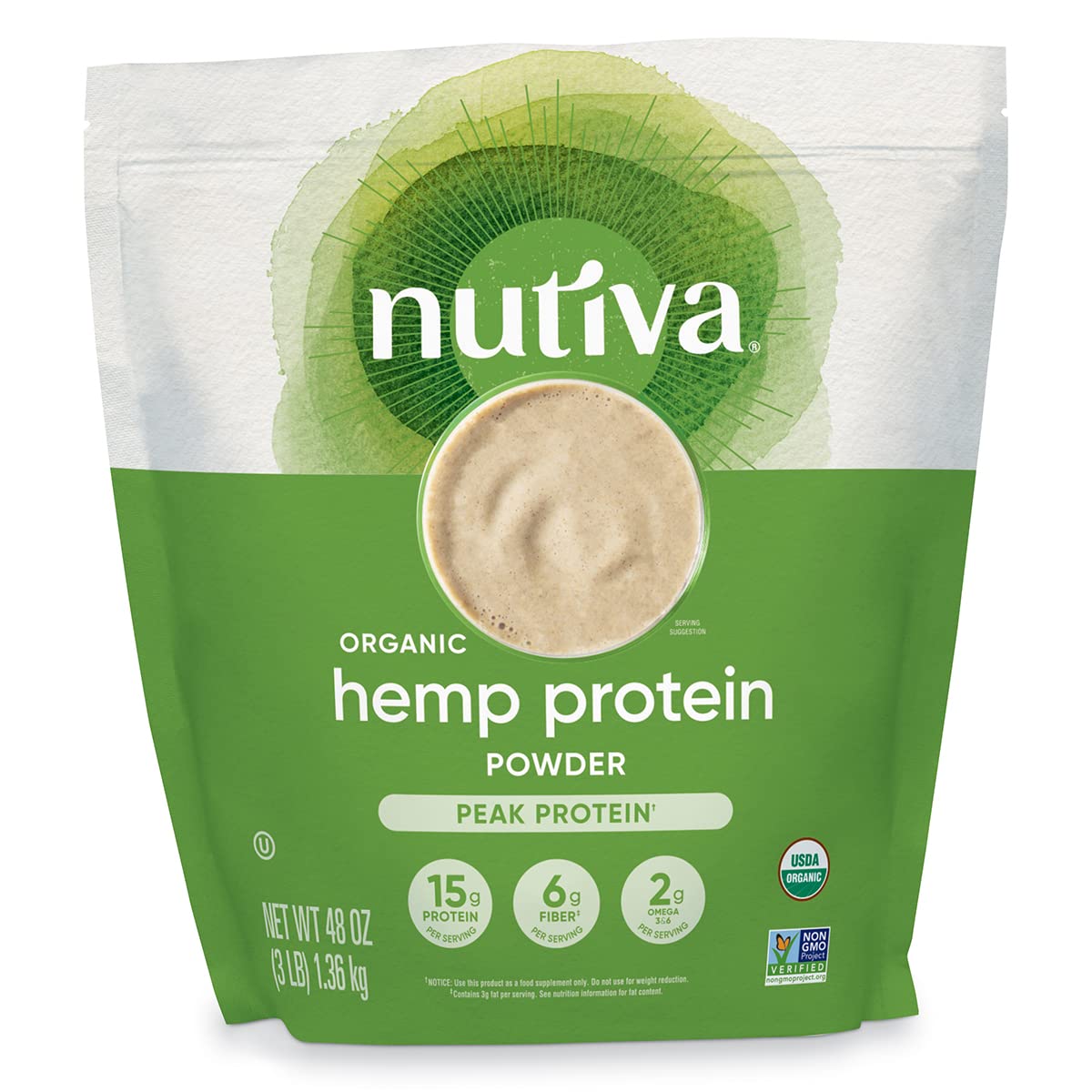 Nutiva frente del envase mostrando presentación de 3 libras y beneficios