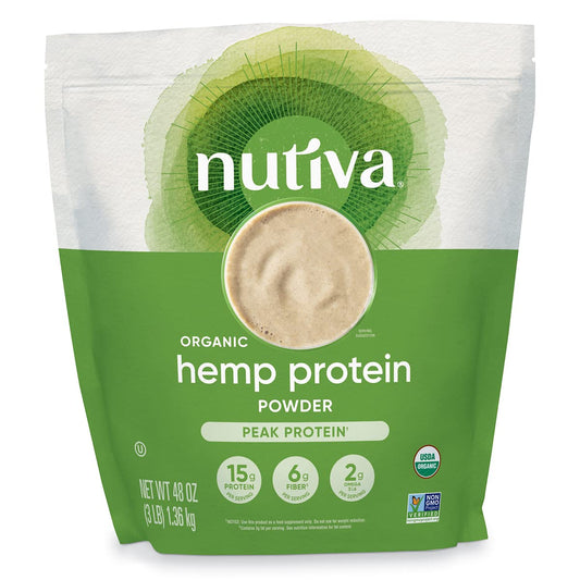 Nutiva frente del envase mostrando presentación de 3 libras y beneficios